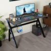 PayLessHere 47 Inch Gaming Desk PC Carbon Fiber Table Ultimate Gamer Workstation with Cup Holder & Headphone Hook for Home Office,Blue (Blue) - Image 2