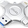 MFi Certified iDiskk 128GB Flash Drive for iPhone 15 16 iPad USB 3.0 Lightning Drive 4 in 1 Multi Functional External Storage for iOS and Android Samsung Phones Type c Devices and MacBook Photo Drive