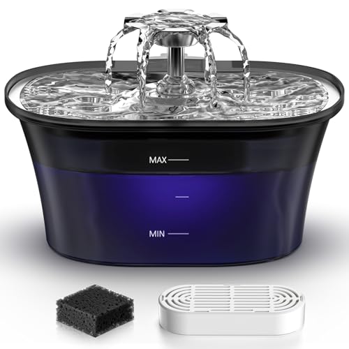 Cat Water Fountain - Recant Cat Fountain 2.5L/84oz Automatic Pet Fountain with Stainless Steel Lid, Dog Water Dispenser with Replacement Filters for Cats Dogs Multiple Pets (Black, Large)