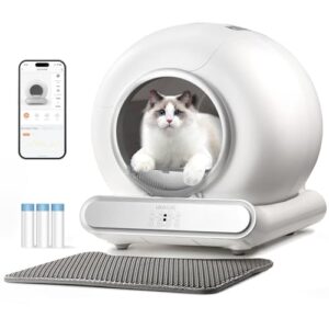 MeoWant Self-Cleaning Cat Litter Box, Advanced Safety System Automatic Cat Litter Box Perfect for Multi Cats, Extra Large/Odor Control/APP Control Smart Cat Litter Box with Mat & Liner, Yellow