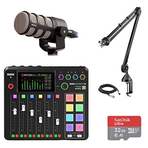 Rode RODECaster Pro 2 Integrated Audio Production Console with Rode PodMic Dynamic Podcasting Microphone, PSA1 Professional Microphone Arm, 32GB microSD Card, XLR Cable and StreamEye Cloth