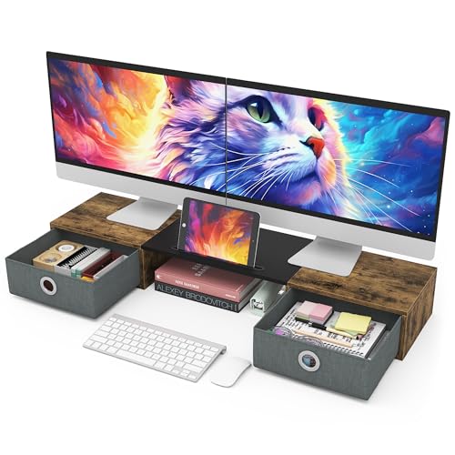 WESTREE Dual Monitor Stand Riser, Wood and Steel Monitor Stand Riser, Computer Monitor Stand for 2 Monitors, Multi-Purpose Desktop Storage Stand for Computer,Laptop,Printer,TV