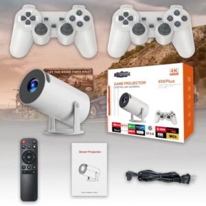 X10 Plus Retro Game Console with Projector, Plug and Play TV Video Game Stick, 4K HD Portable Projector with 10000+ Games, 2.4g Wireless Controllers, HDMI Output, WiFi