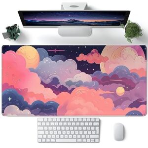 Cute Desk Mat Kawaii Clouds Pink Purple Desk Pad Anime XXL Large Mouse Pad Big Full Desk Gaming Mousepad Laptop Computer Keyboard Mouse Mat 31.5''X 15.7'' Cute Desk Decor Desk Accessories