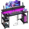 ODK 48 inch Gaming Desk with LED Lights & Power Outlets, Computer Desk with Monitor Stand & Storage Sheves, CPU Stand, Home Office Desk, Black