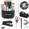 Office Desk Accessories, Black Office Supplies 360°Pen Holder Desk Organizers and Accessories with Tape Dispenser, Stapler, Staple Remover, 1000 Staples, Tape, Clips Set, Ruler, Scissor, Pen