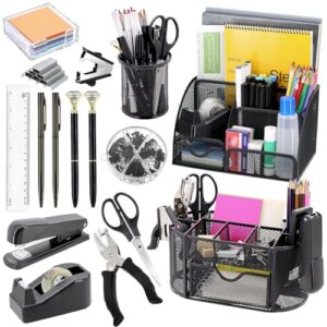 17 in 1 Black Desk Organizers and Accessories Set, 3 Office Desk Supplies Storage Organization, 4 Pens, Stapler, Staples & Remover, Tape & Dispenser, Scissors, Ruler, Clips, Hole Punch, Sticky Holder