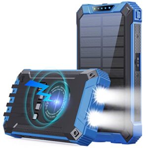 GOODaaa Solar Power Bank, 42800mAh Portable Charger 20W Fast Charging External Battery Pack Built in 4 Cables, Wireless Charging Power Bank for Apple Watches with Flashlight, Carabiner,Thermometer