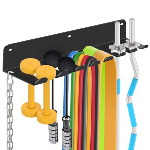 FizLig Gym Equipment Storage Rack - Multi-Purpose Home Gym Organization Storage Wall Mount for Resistance Bands, Jump Ropes, Lifting Belt, Chains, Barbells (16" / 8 Prongs)
